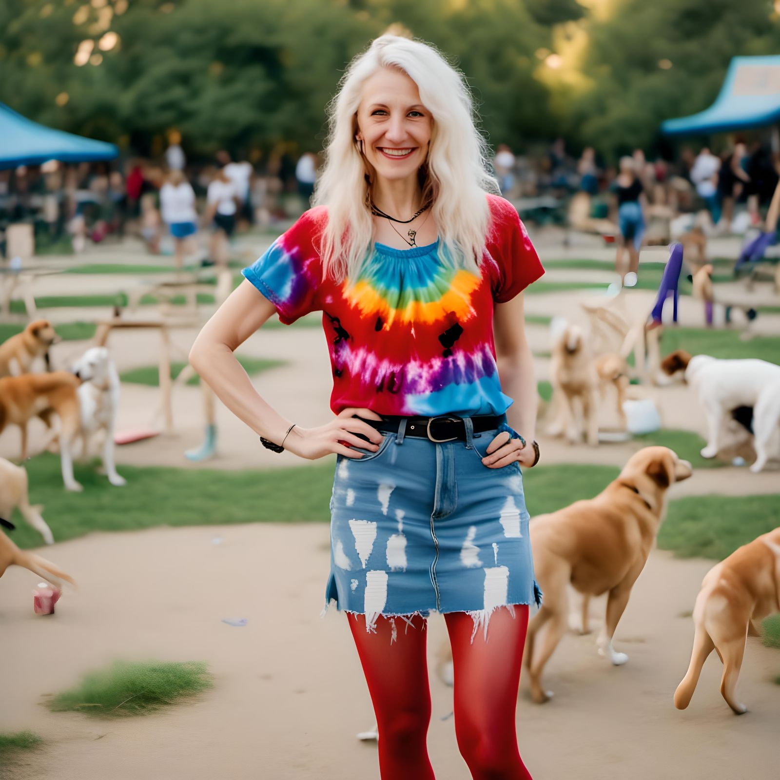 Woman at Dog Park in Tie Dye and Denim
