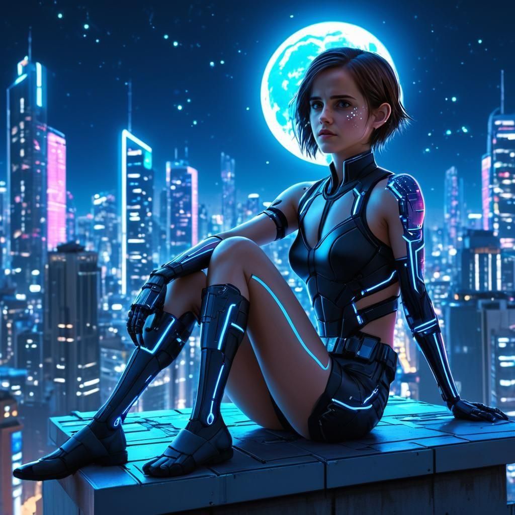 Cyberpunk Woman on Skyscraper at Night