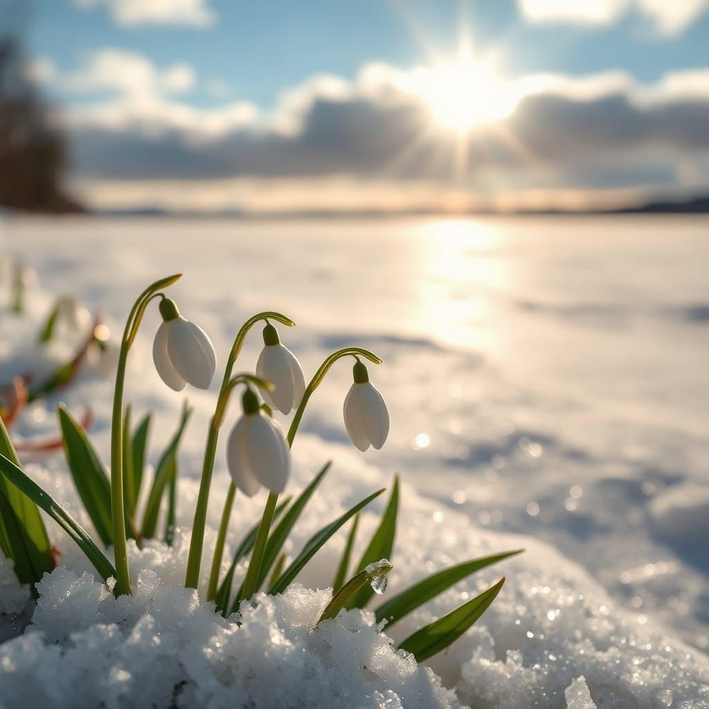 Snowdrops in Serene Winter Landscape with Soft Focus