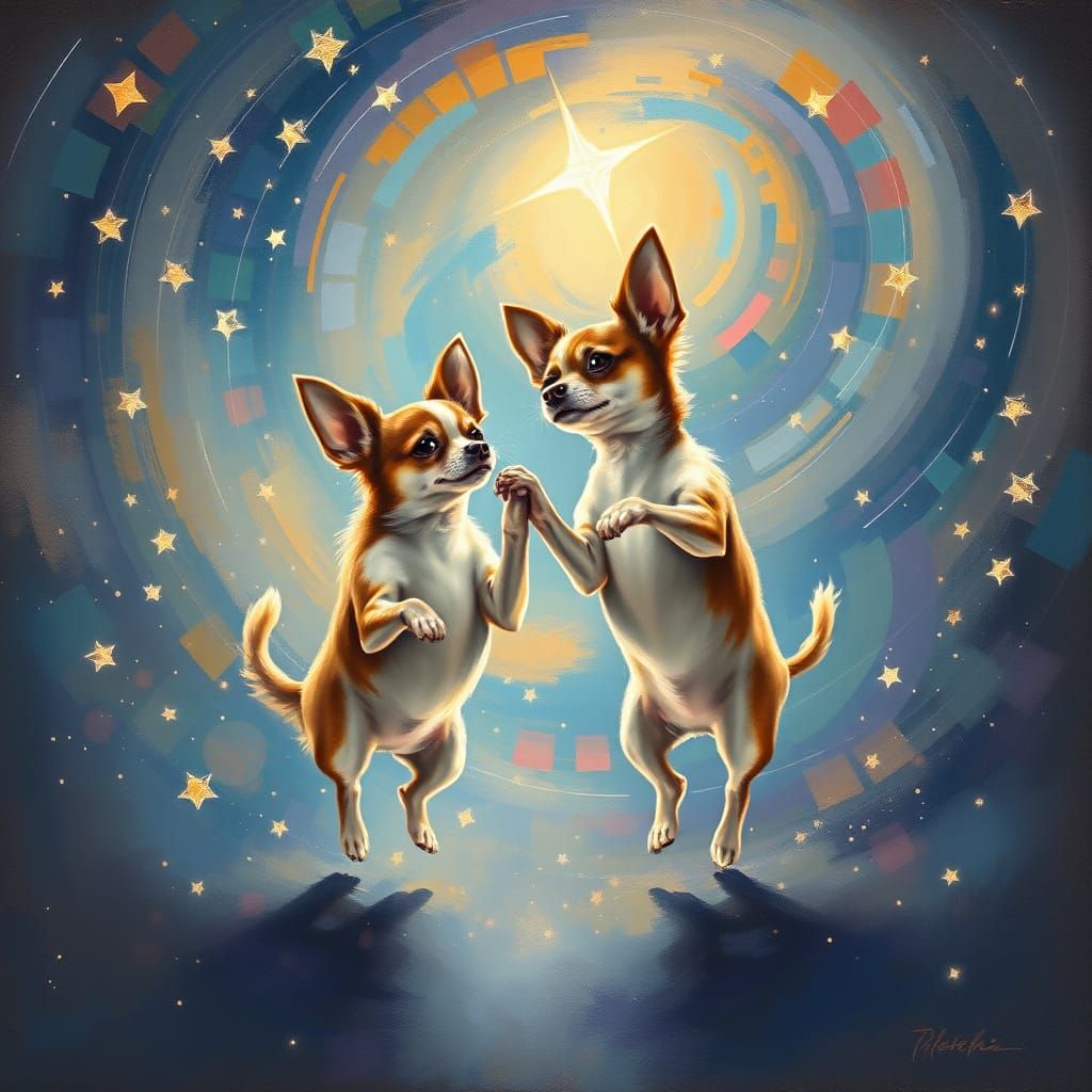 Cosmic Ballet of Two Chihuahuas in Impressionist Gouache Sty...
