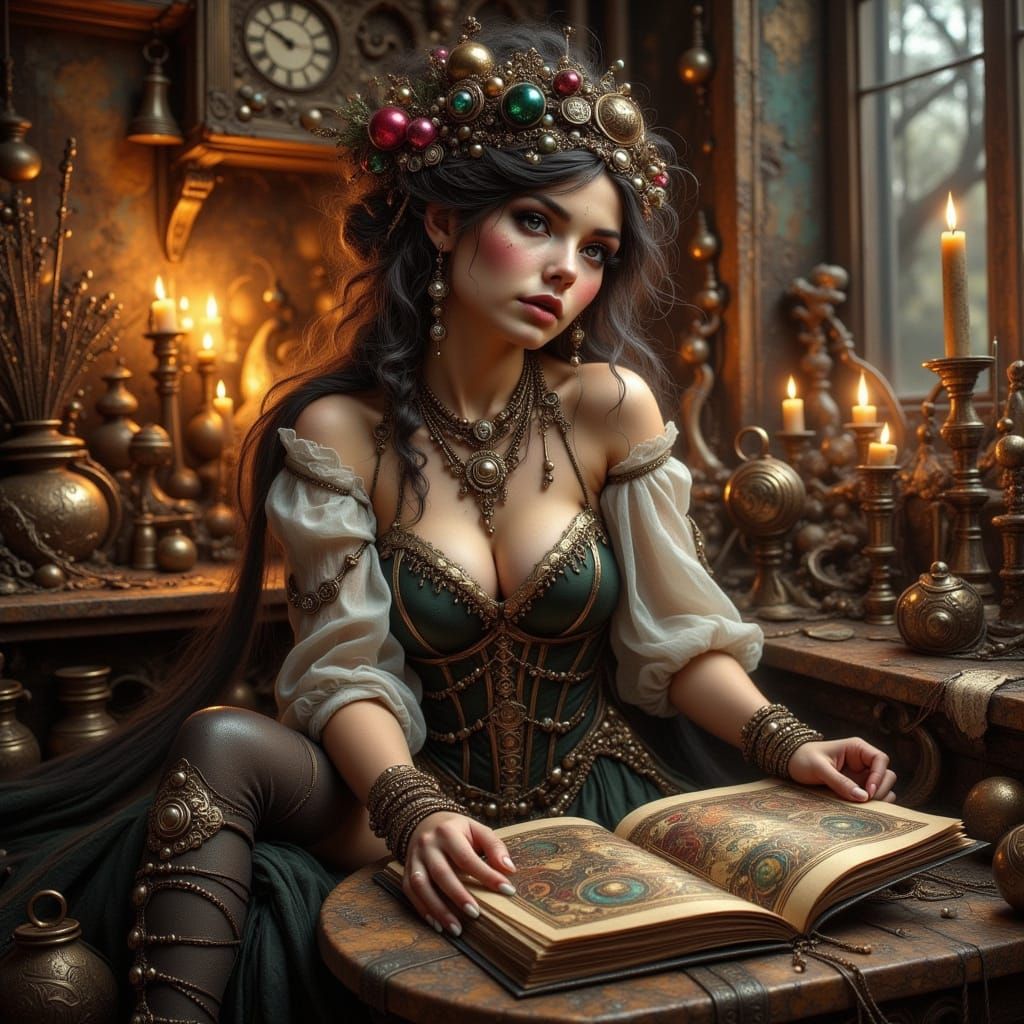 Steampunk Sorceress Reading Spellbook in Laboratory