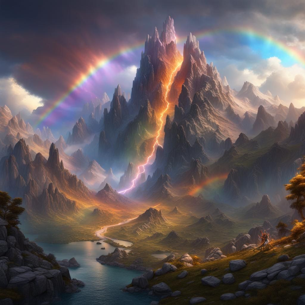 Angelic Mountain with Fire and Rainbows in Matte Painting