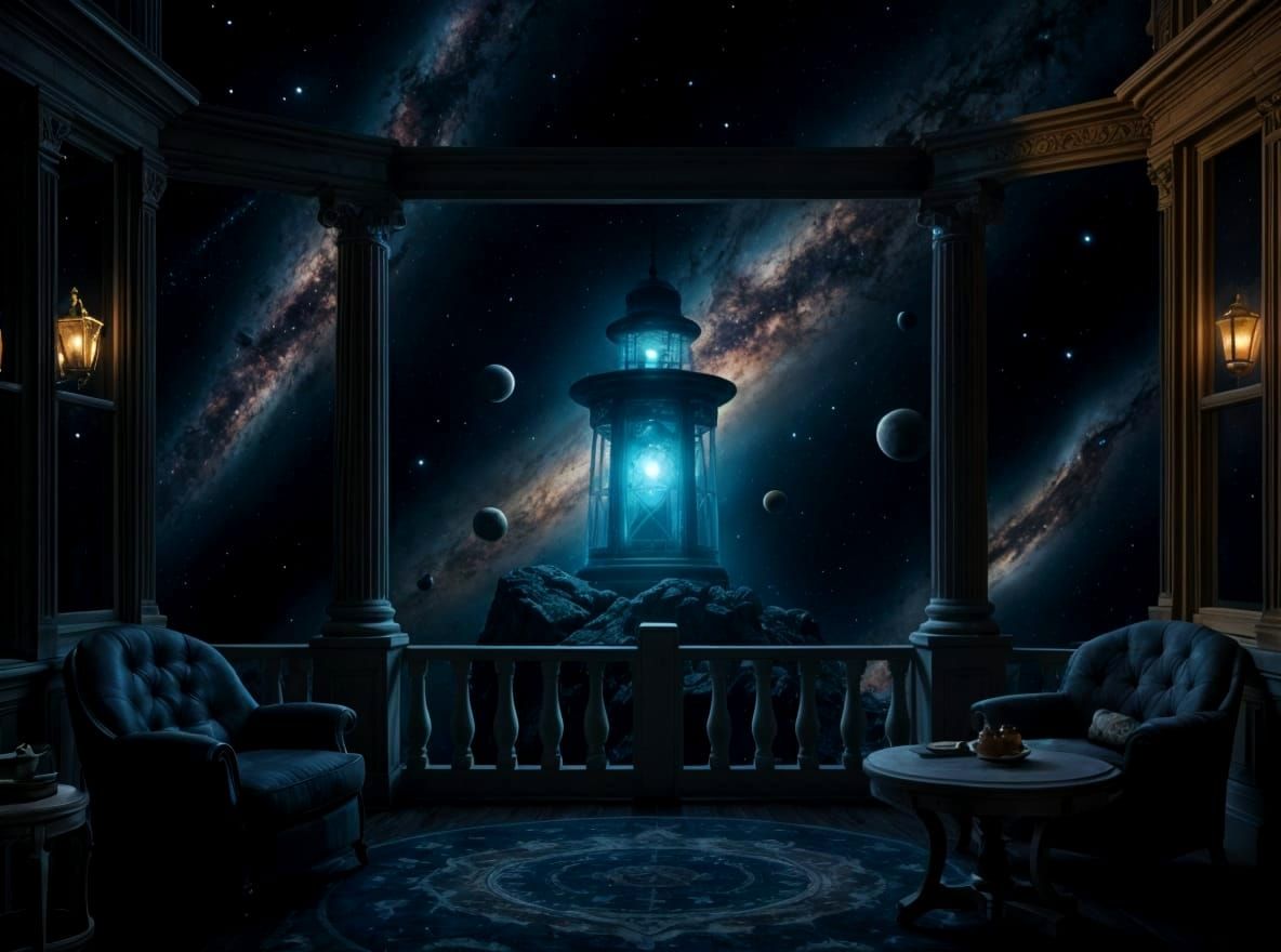 Cosmic Back Porch with Lighthouse in Space