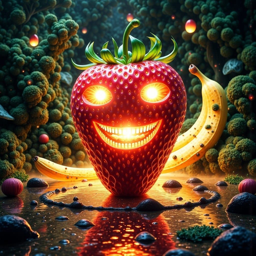 Surreal Strawberry with Eye Seeds and Laughing Banana