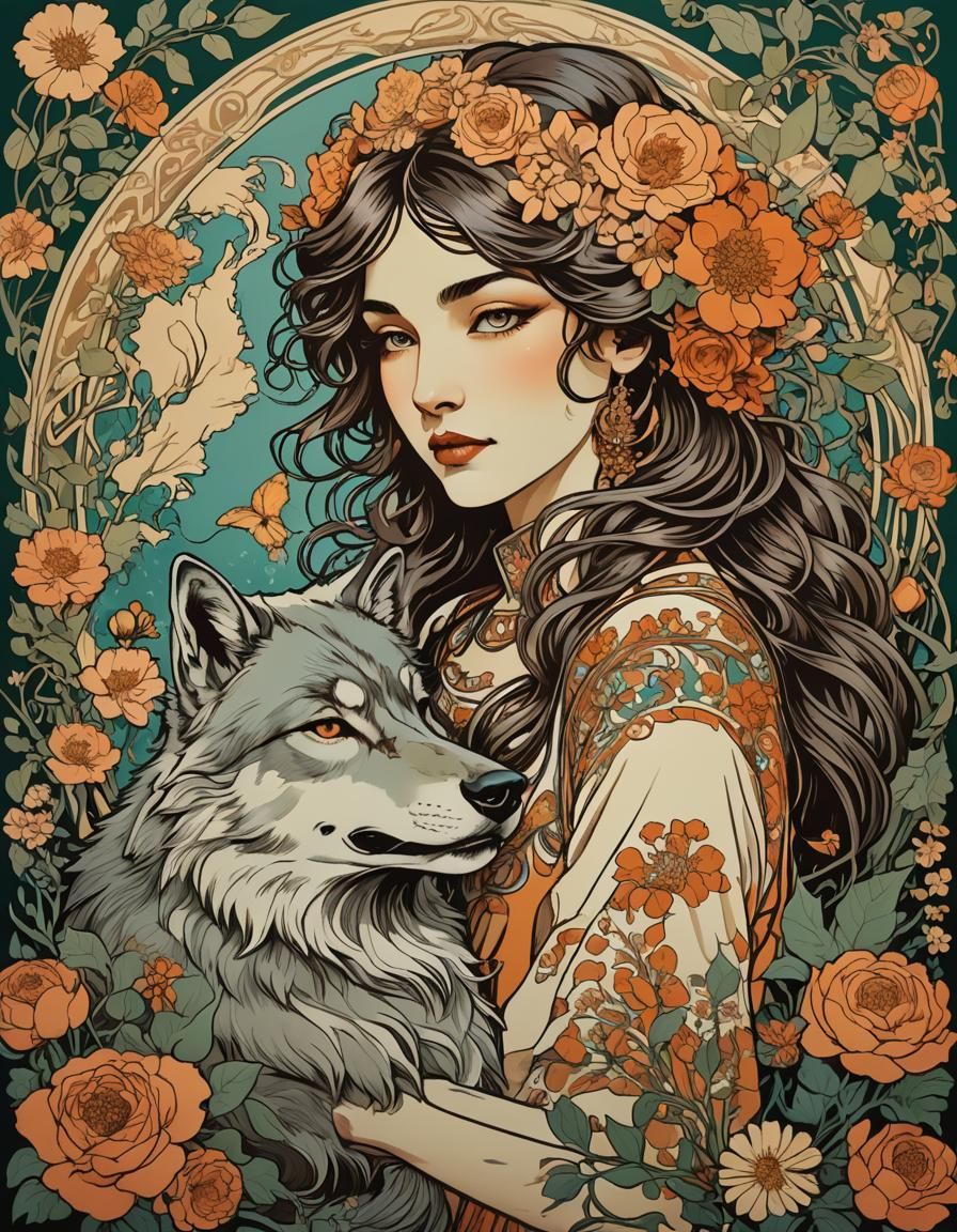 Art Deco Woman Hugging Wolf Serigraphy