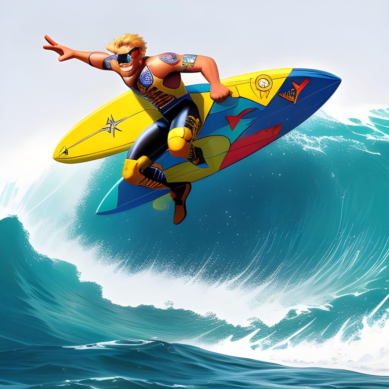 Surfer Overtaken by Wave in 60s Comic Style