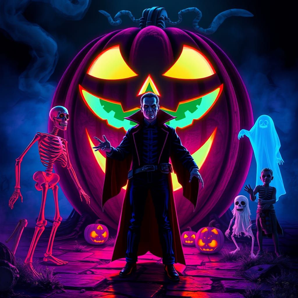 black light reactive fluorescent Halloween skeleton ghost ghouls vampire jack-o'-lantern