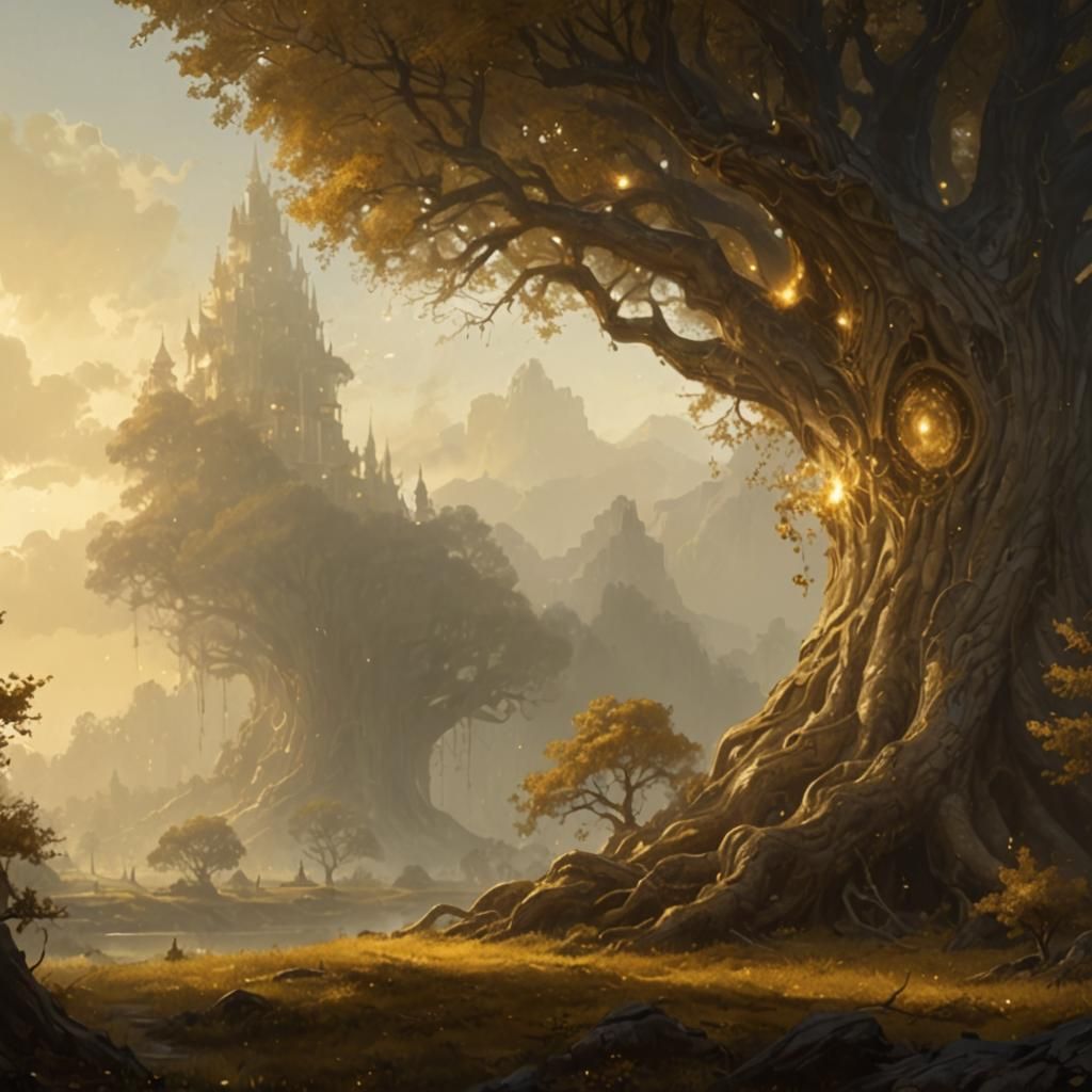Fantasy Landscape with a Towering Golden Tree