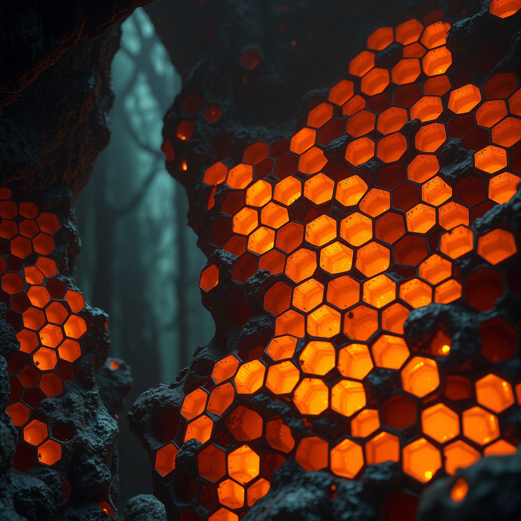 Glowing Honeycomb Cells in Mystical Forest