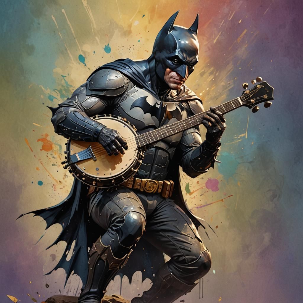 Hyperrealistic Batman Plays Banjo: Splash Art Concept