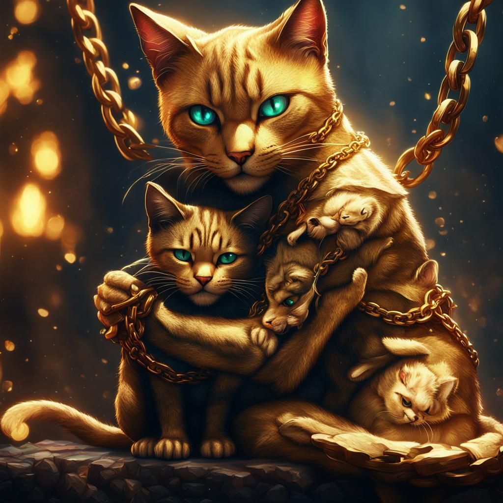Gold Cat Crying and Hugging Friend in Detailed Painting