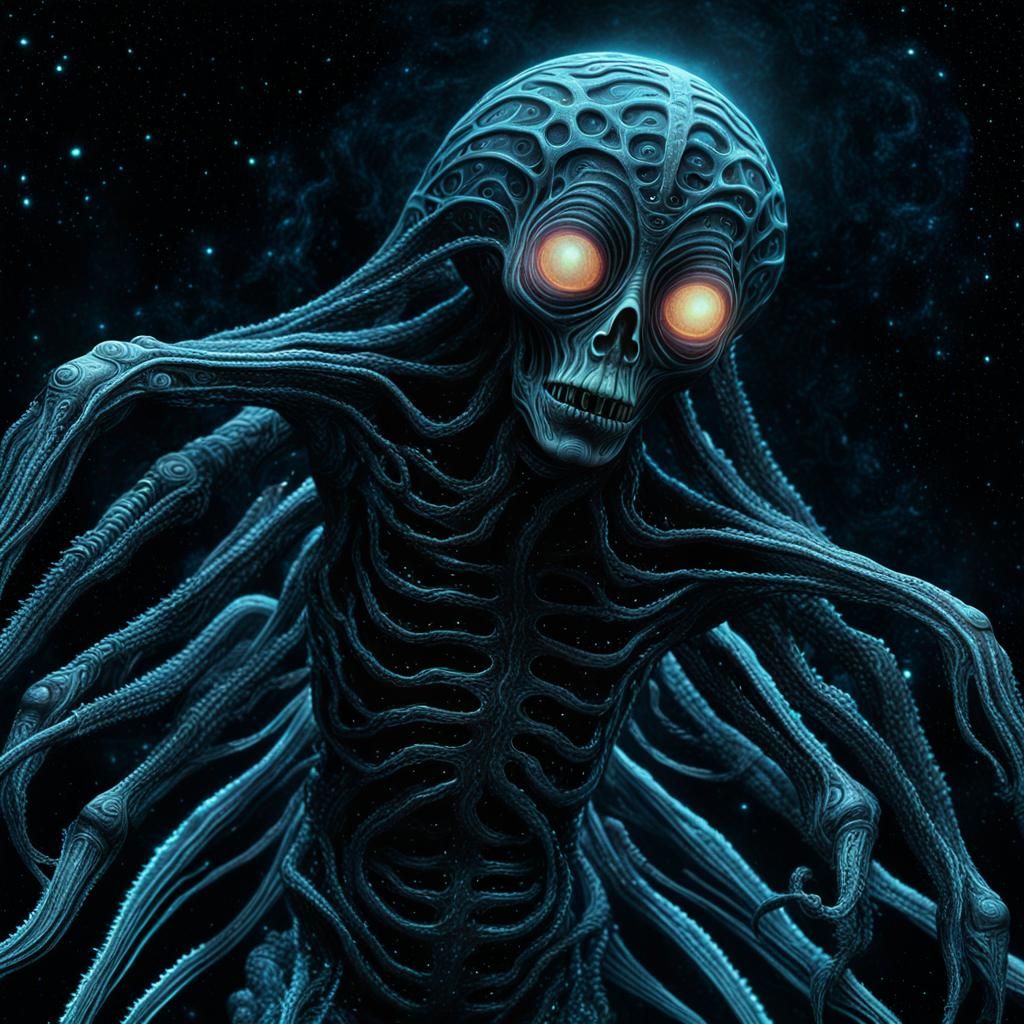 Bioluminescent Horror Emerging From Void in Surrealist Style