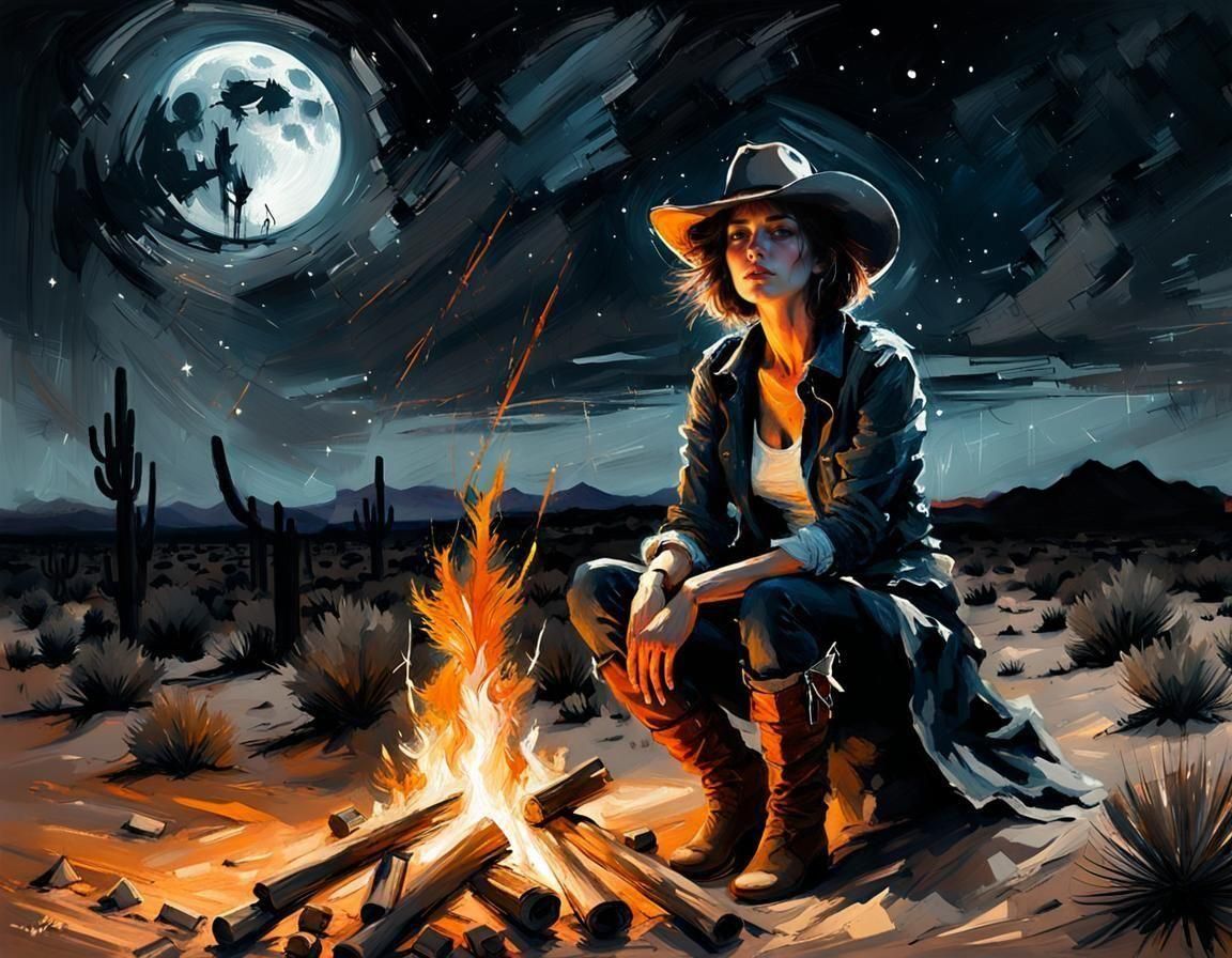 Cowgirl in Desert Night: Digital Matte Painting