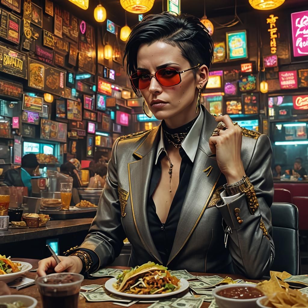 cyberpunk boss millionaire short hair girl, look like lisbet...
