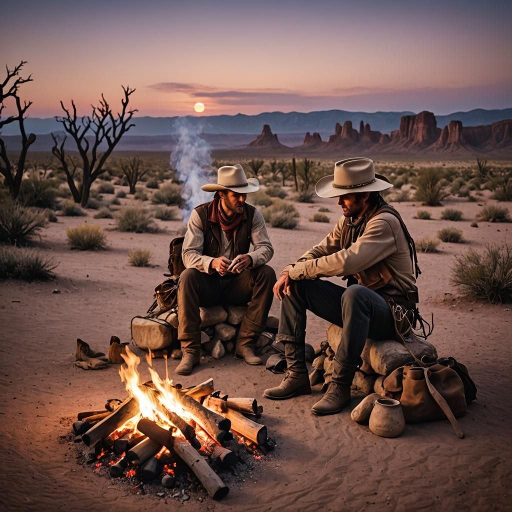 Cowboys at Campfire in Desert Sunset