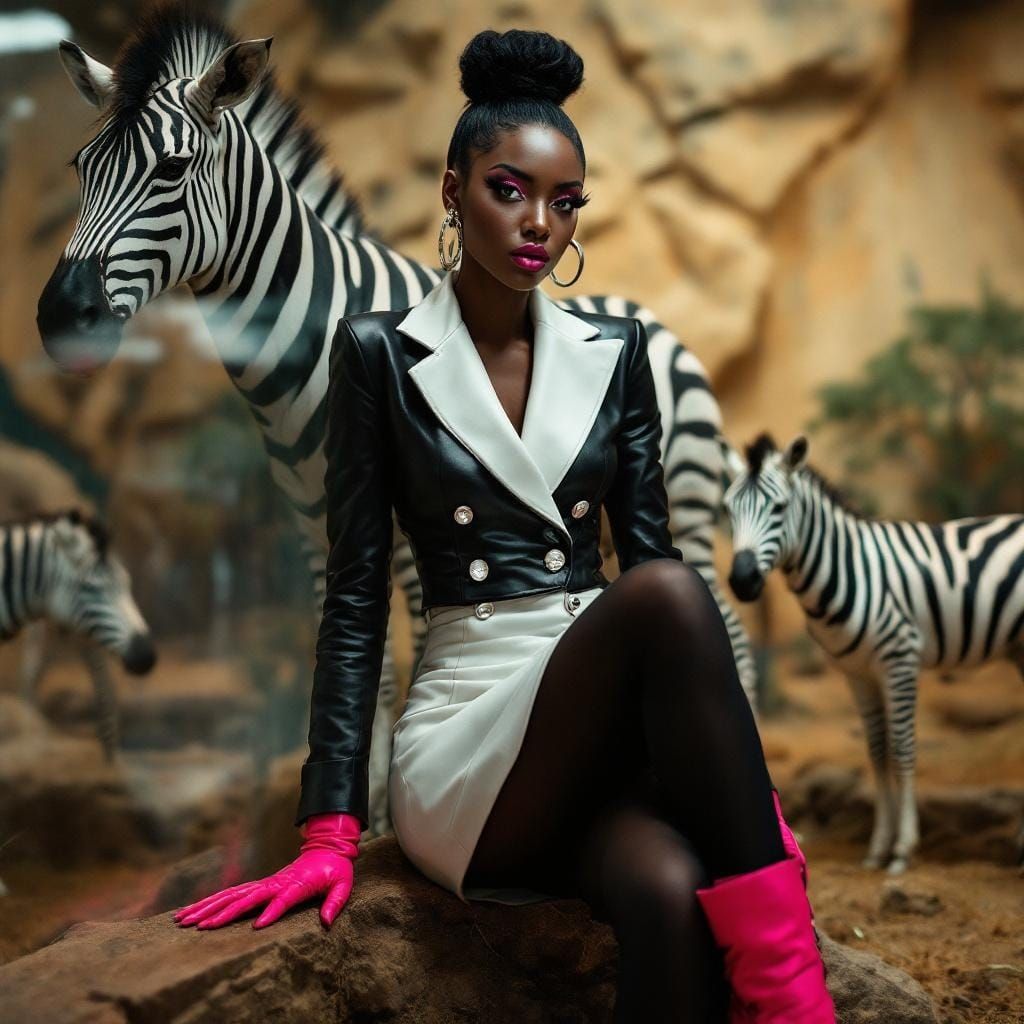 High-Fashion Model Poses with Zebras in Leather and Pink