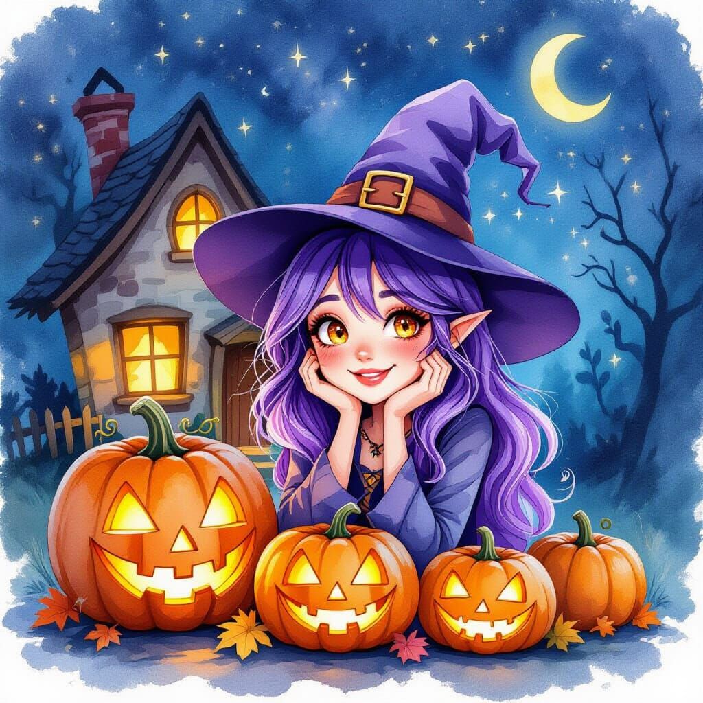 Purple Haired Witch in Pumpkin Home on Magical Night