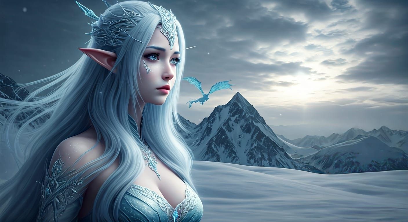 Ice Elf Maiden Gazing at Snowy Mountains at Dusk