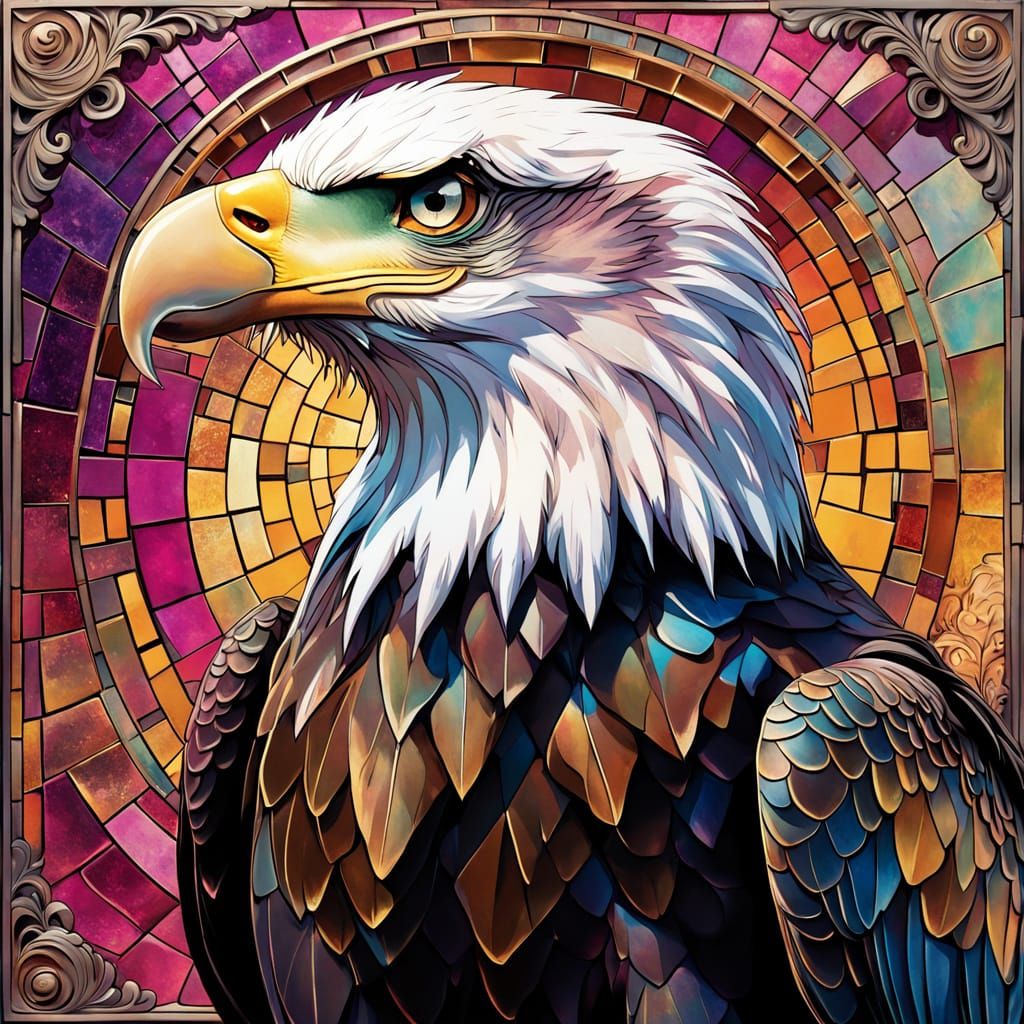 Bald Eagle and Art Deco Architecture in Mixed Media Collage
