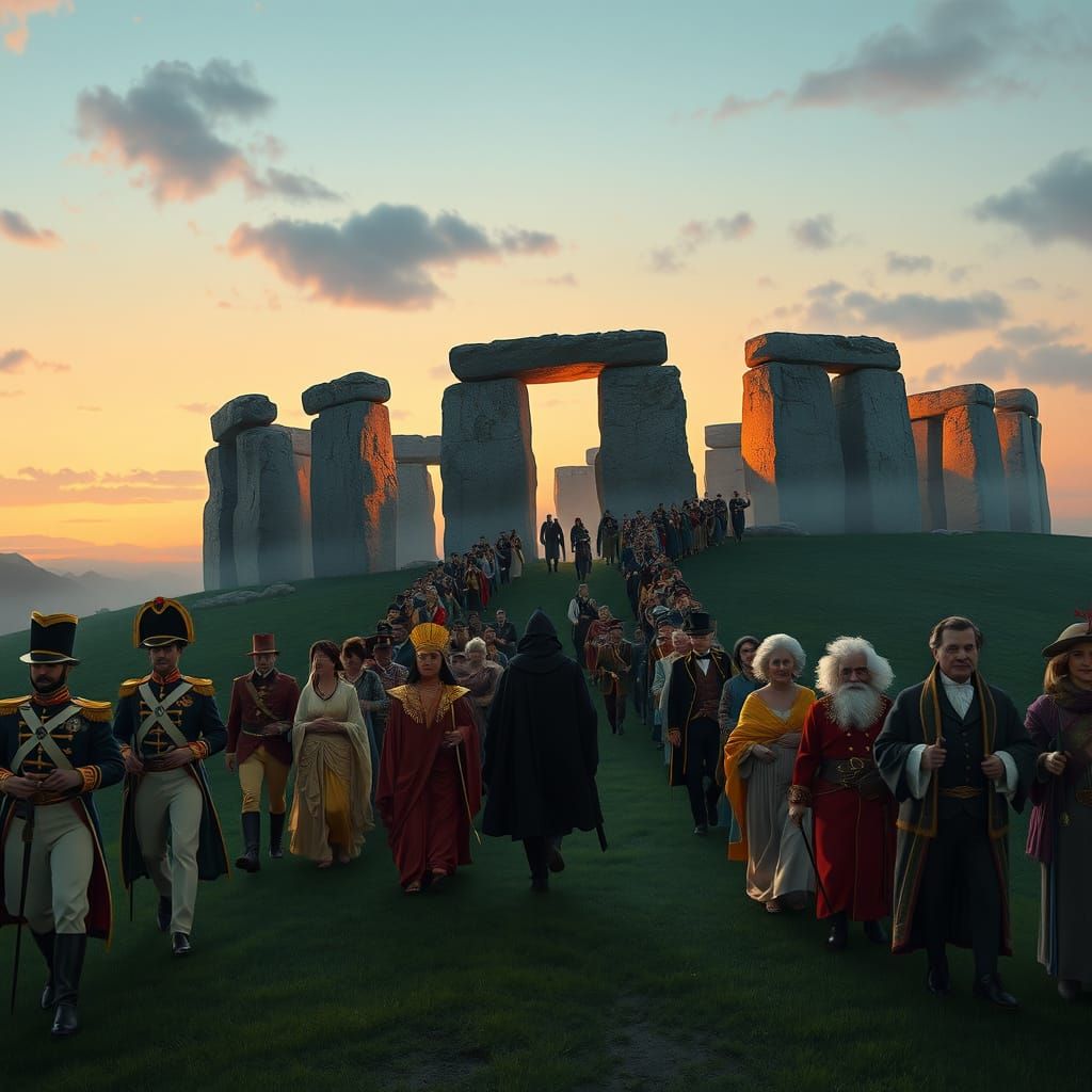 Historical Figures Parade to Stonehenge in Anime Style