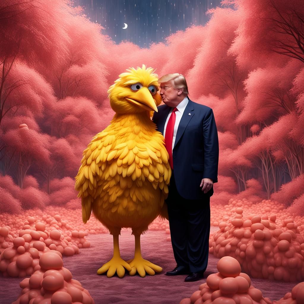 Dreamlike Hug: Trump and Big Bird in Pink