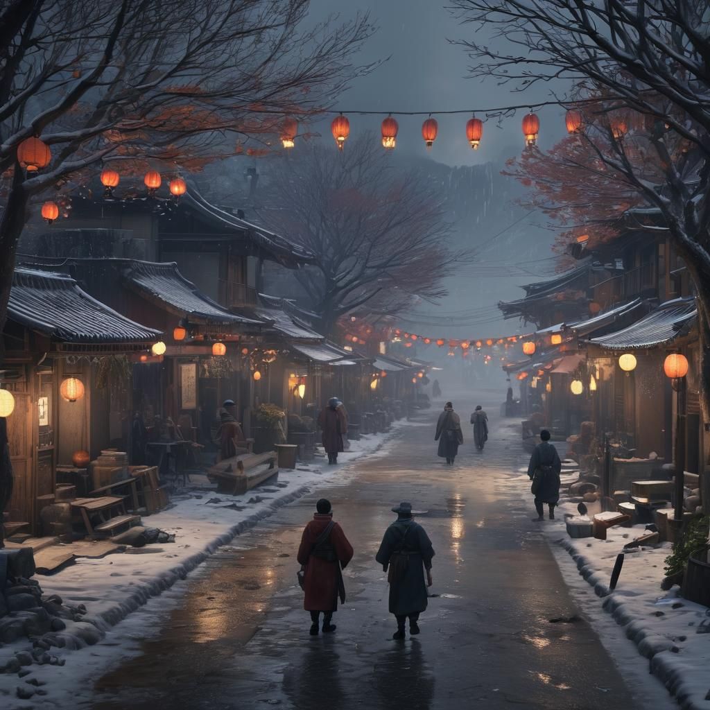 Feudal Tokyo Market Street in Snowstorm, 3D Render