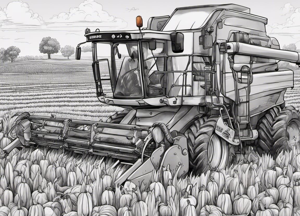 Farmer and Harvester Coloring Page in Pumpkin Field