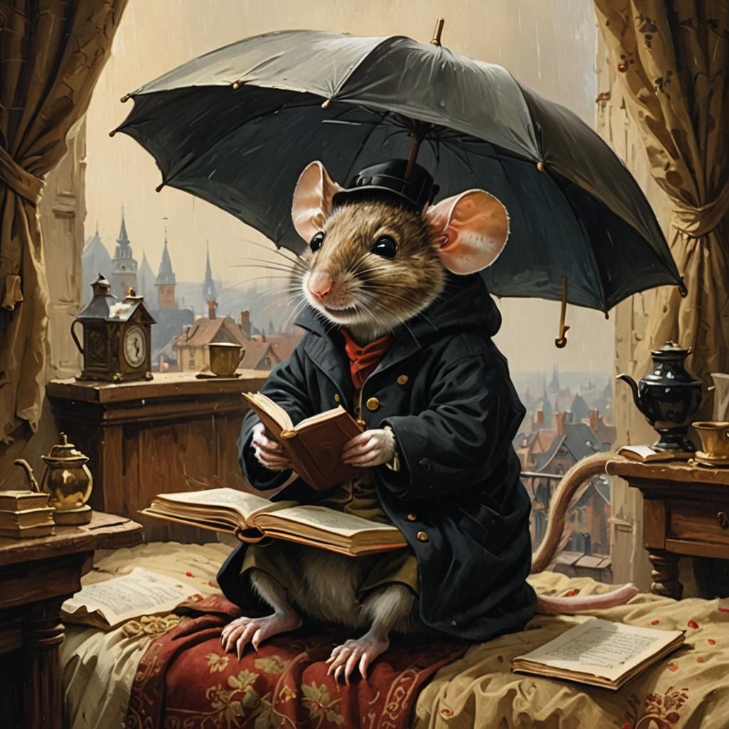 Mouse Reading Under Umbrella in Spitzweg Style