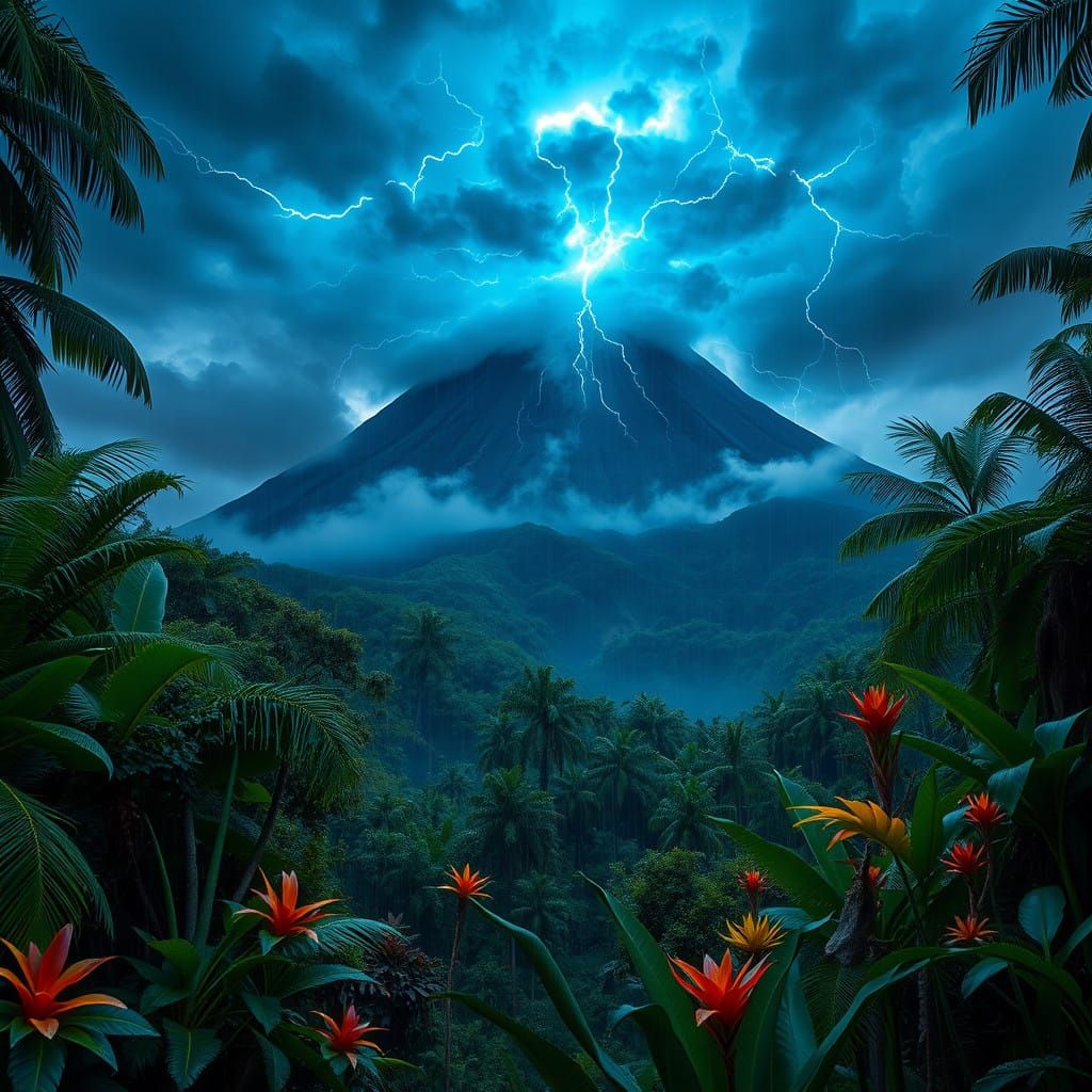 Stormy Rainforest Volcano in Epic Cyberpunk Landscape