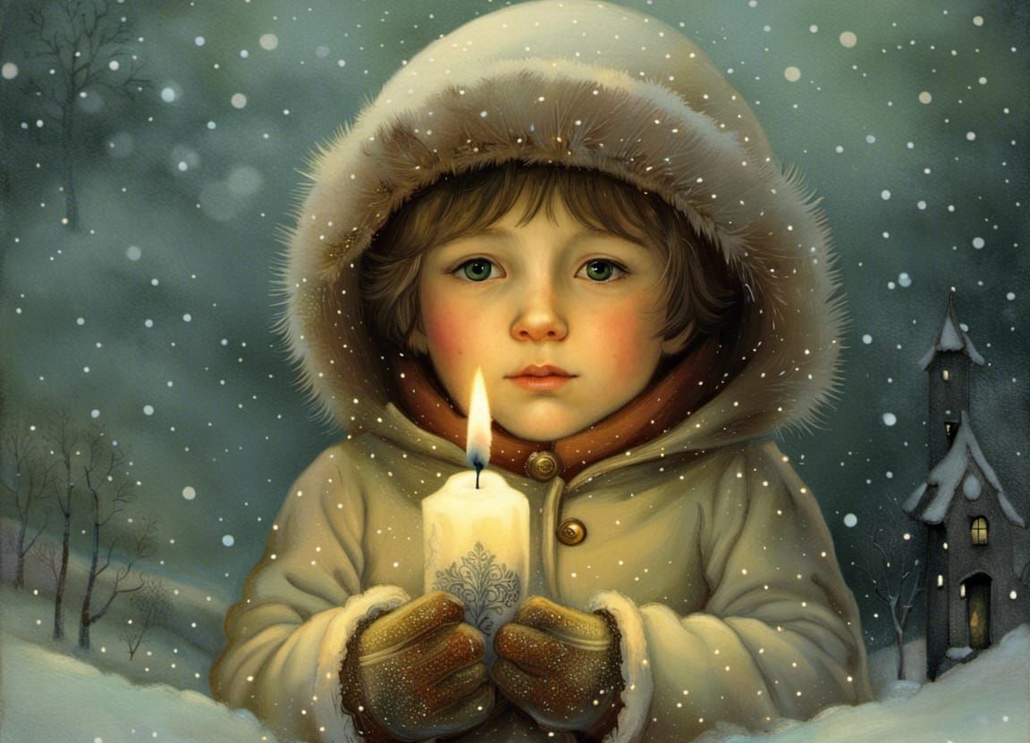 Boy With Candle in Snowy Fantasy Landscape