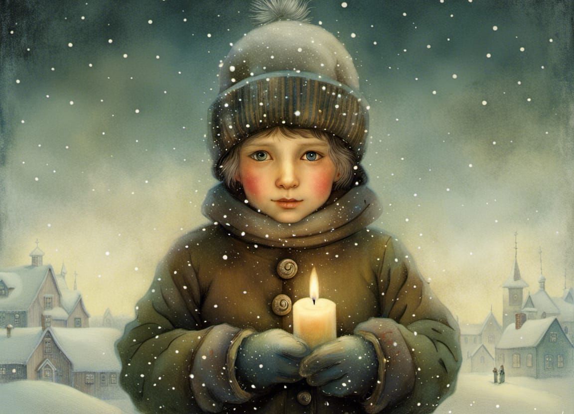 Boy with Candle in Snowy Dreamscape