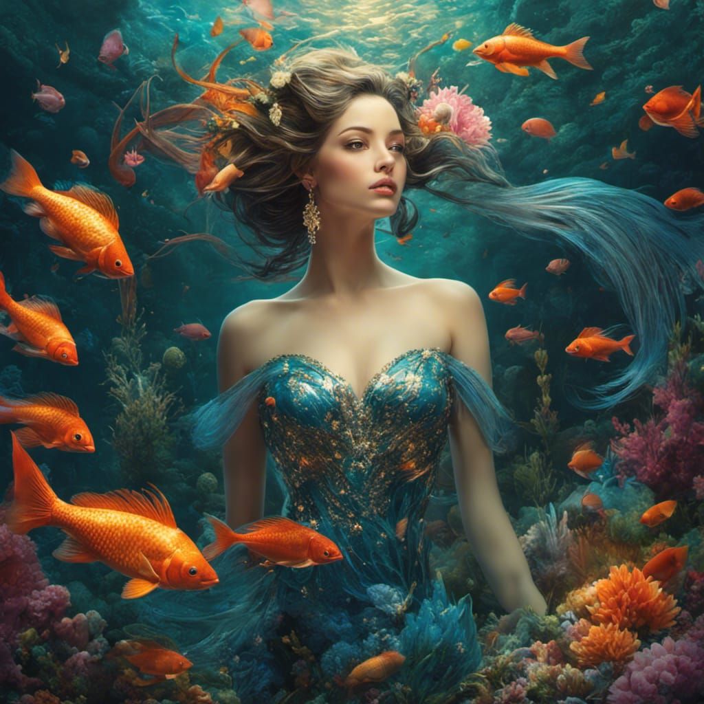 Glittery Mermaid in Hyperrealistic Underwater Scene