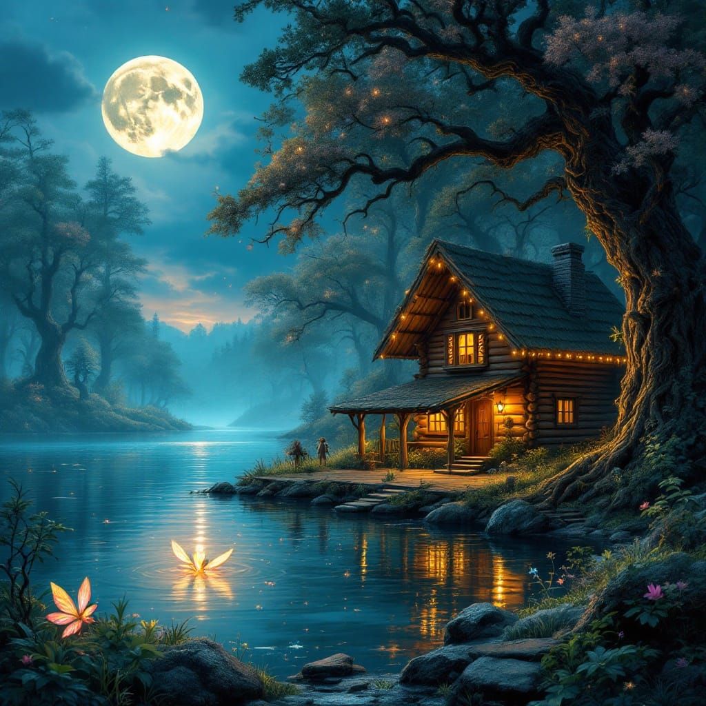 Whimsical Moonlit Forest Scene in Dreamlike Quality