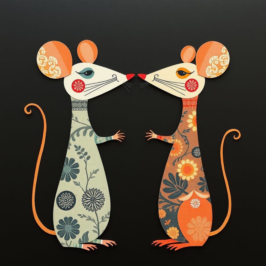 Whimsical Abstract Mice in Textile Print Style