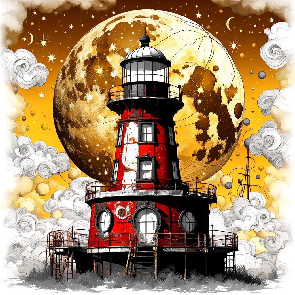 Steampunk Moon and Lighthouse in Double Exposure