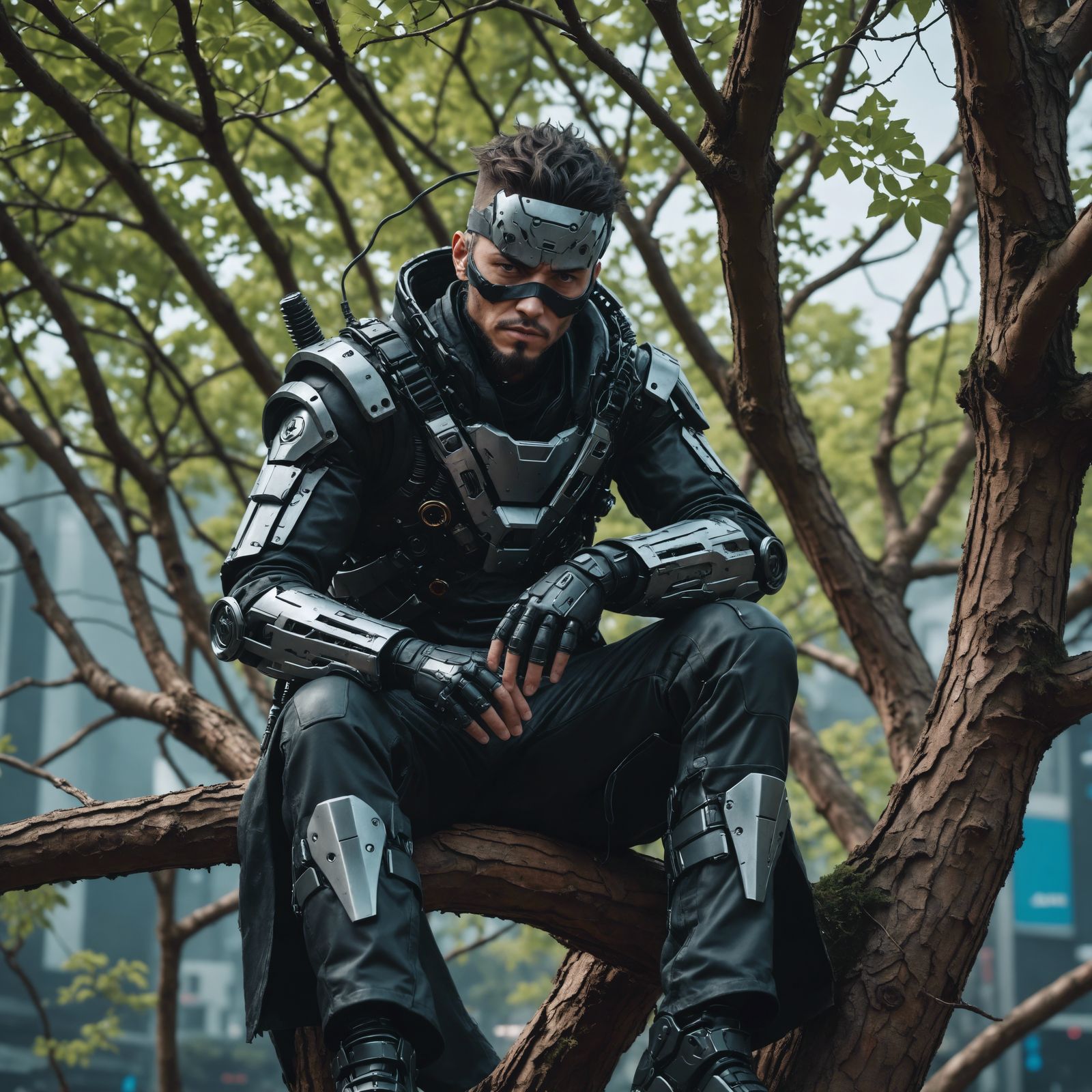 Cyberpunk Ninja in Tree: Macro IMAX Shot