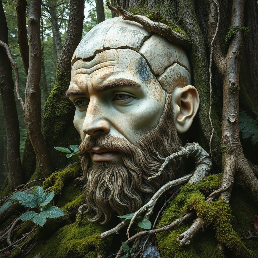 Ancient Stone Bearded Man Transforms into a Lush Landscape