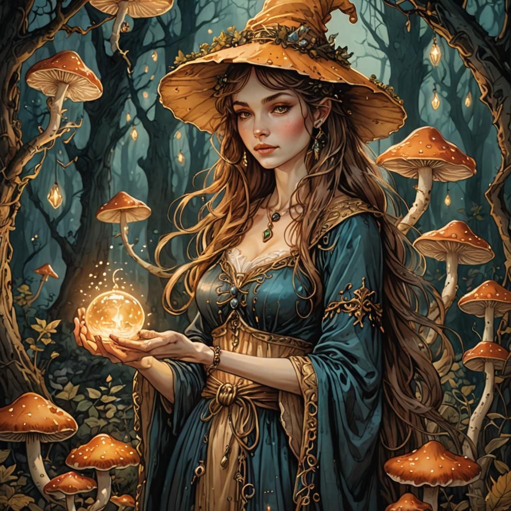 Mushroom Sorceress with Glowing Elixir