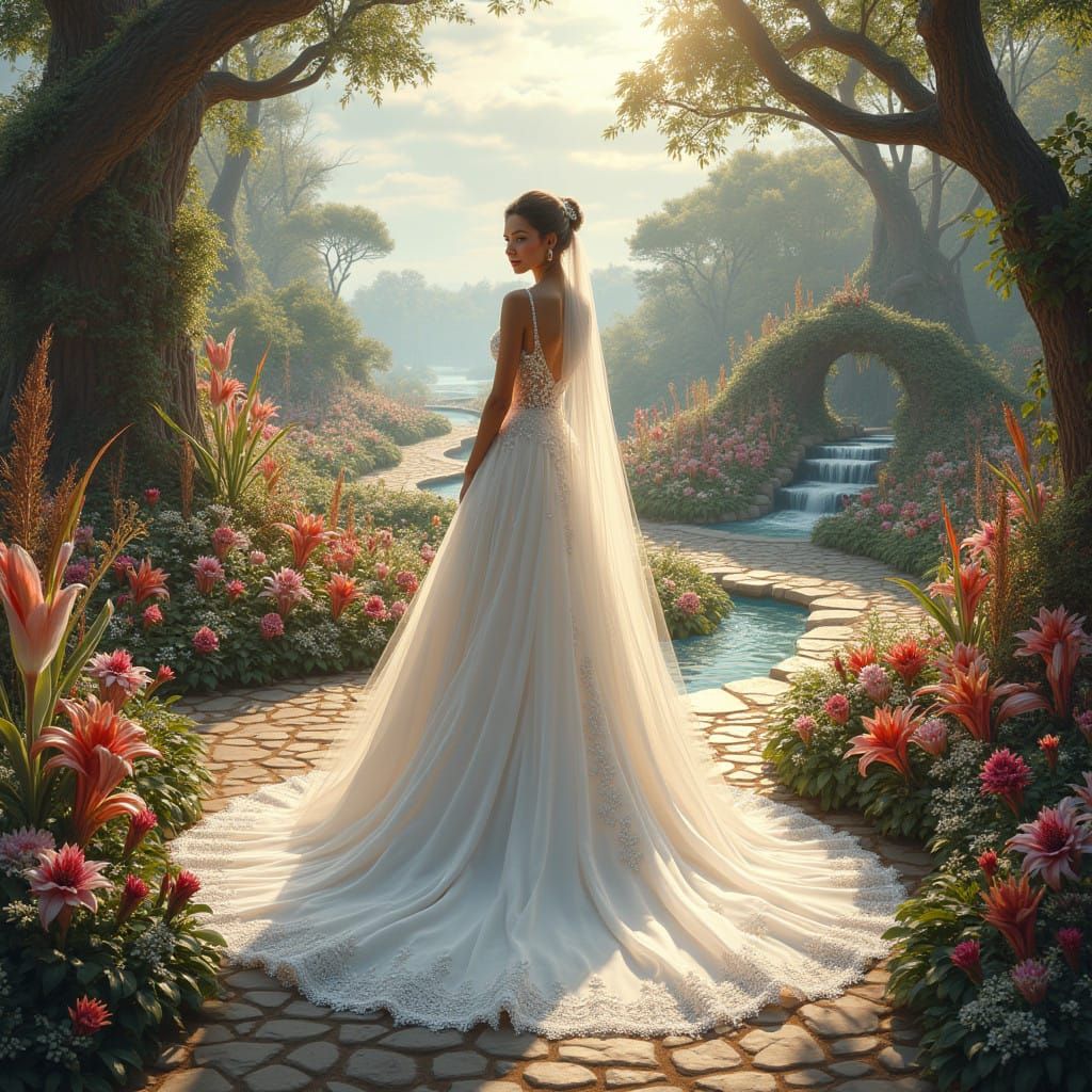 Elegant Fantasy Bride in Exquisite Ballgown Amidst Whimsical...