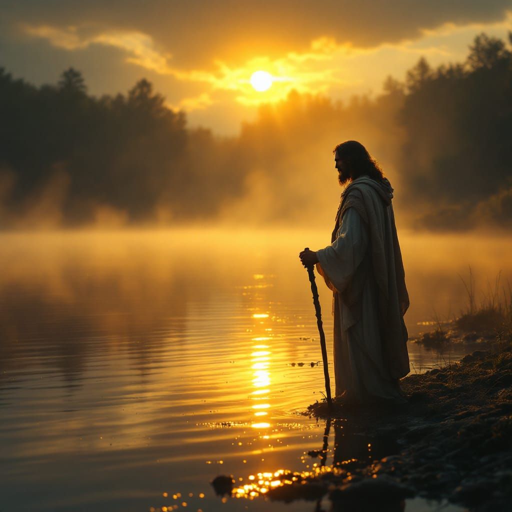 Jesus Christ at Dawn on Serene Lakeshore