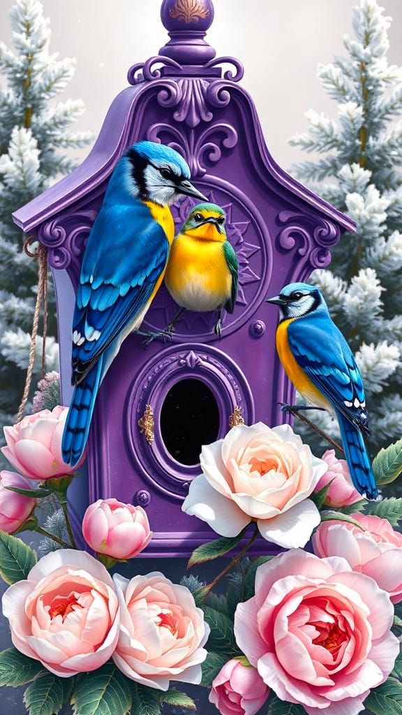 Vibrant Birds Perch on Ornate Birdhouse in Winter Wonderland