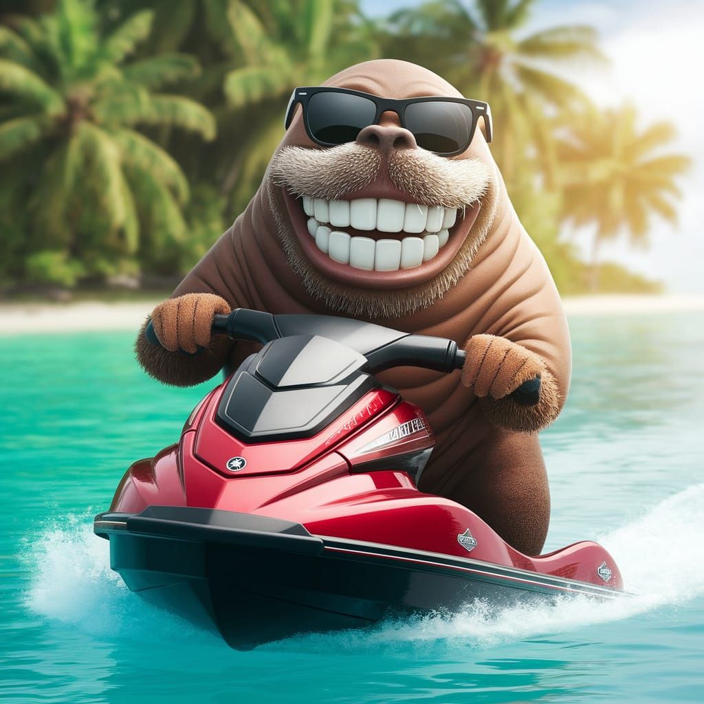 A walrus with a human smile riding a jetski.