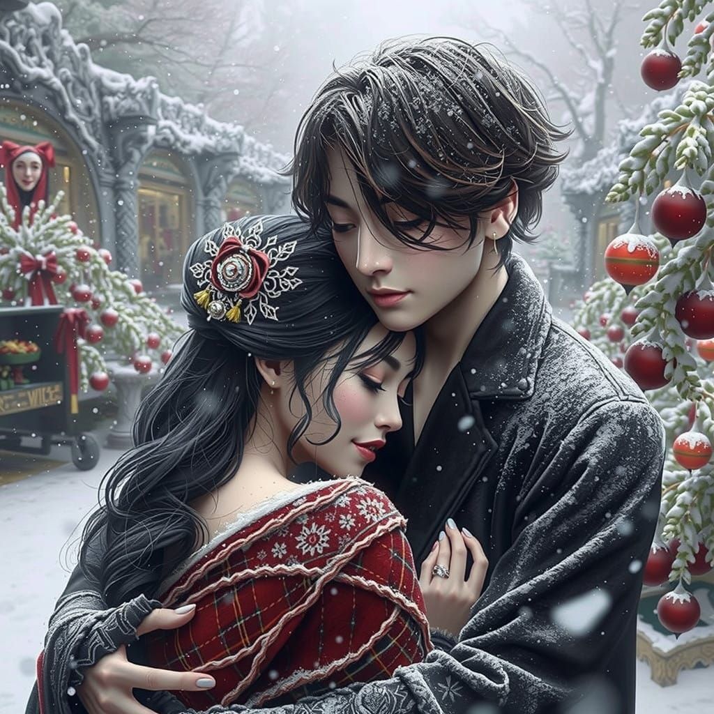 Couples Embracing in Winter Wonderland