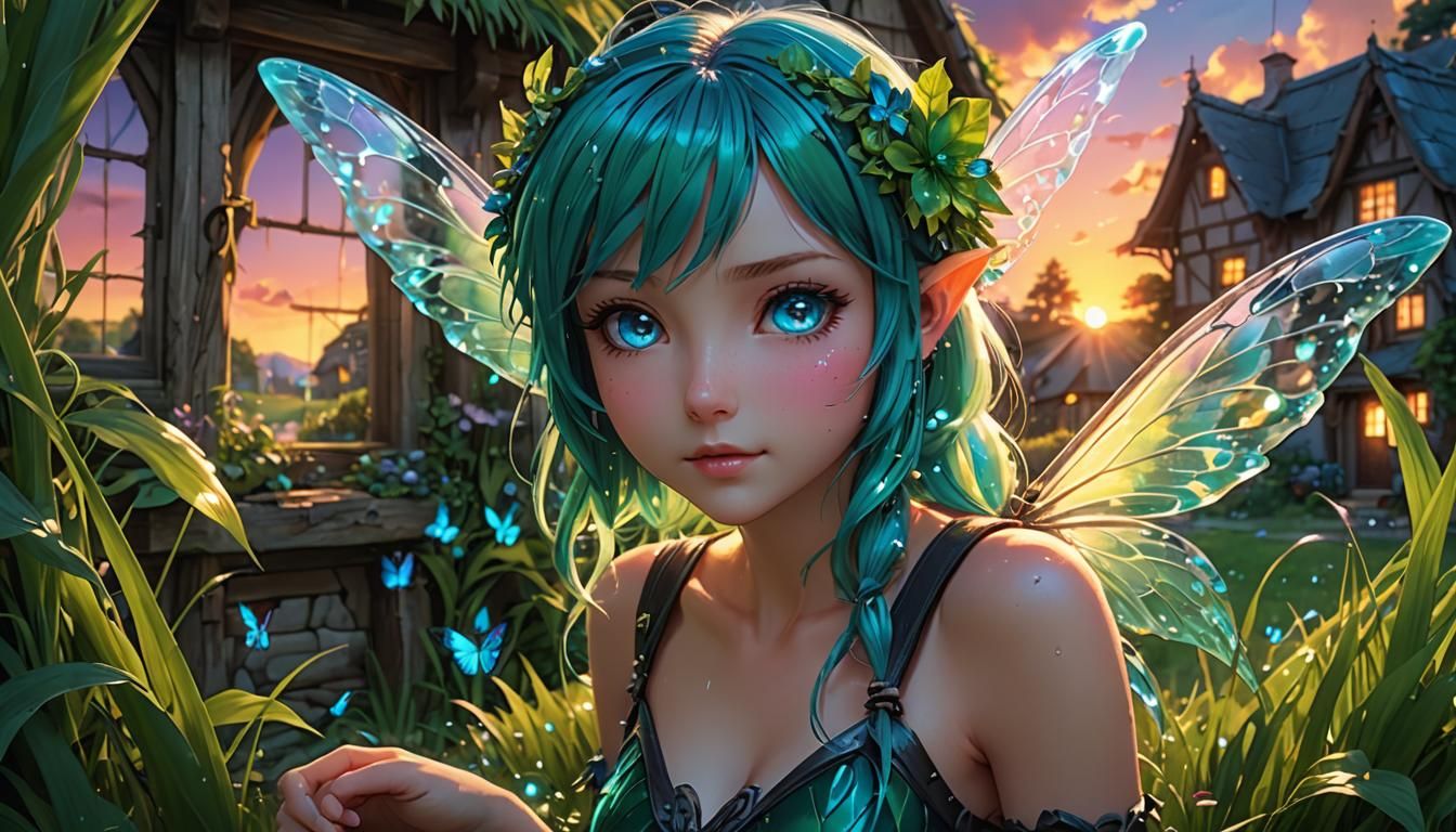 Bioluminescent Anime Fairy in Sunset Village