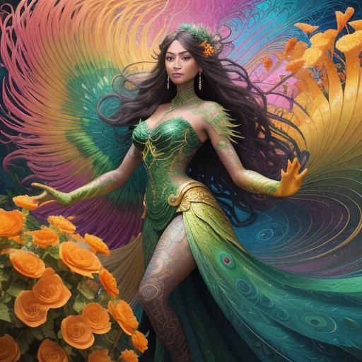 Dragon Peacock Woman in Abstract Expressionism Style