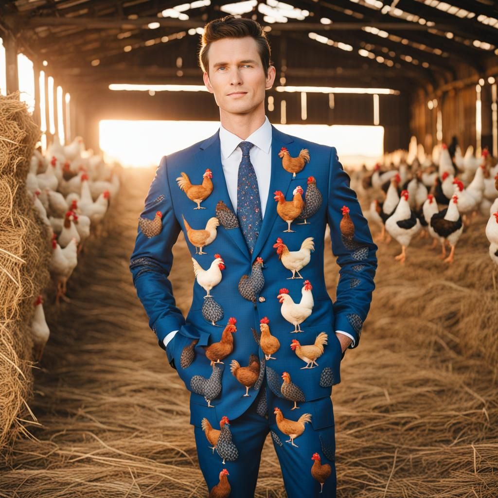 Man in Rooster Suit Holding a Rooster