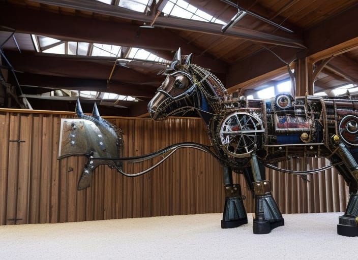 Steampunk Mechanical Horse in Alien Barn