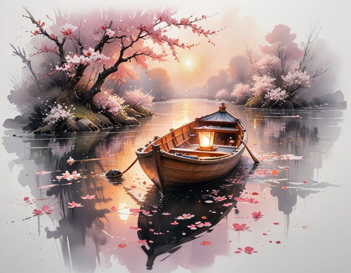 Lantern Boat Festival in Painterly Realism Style