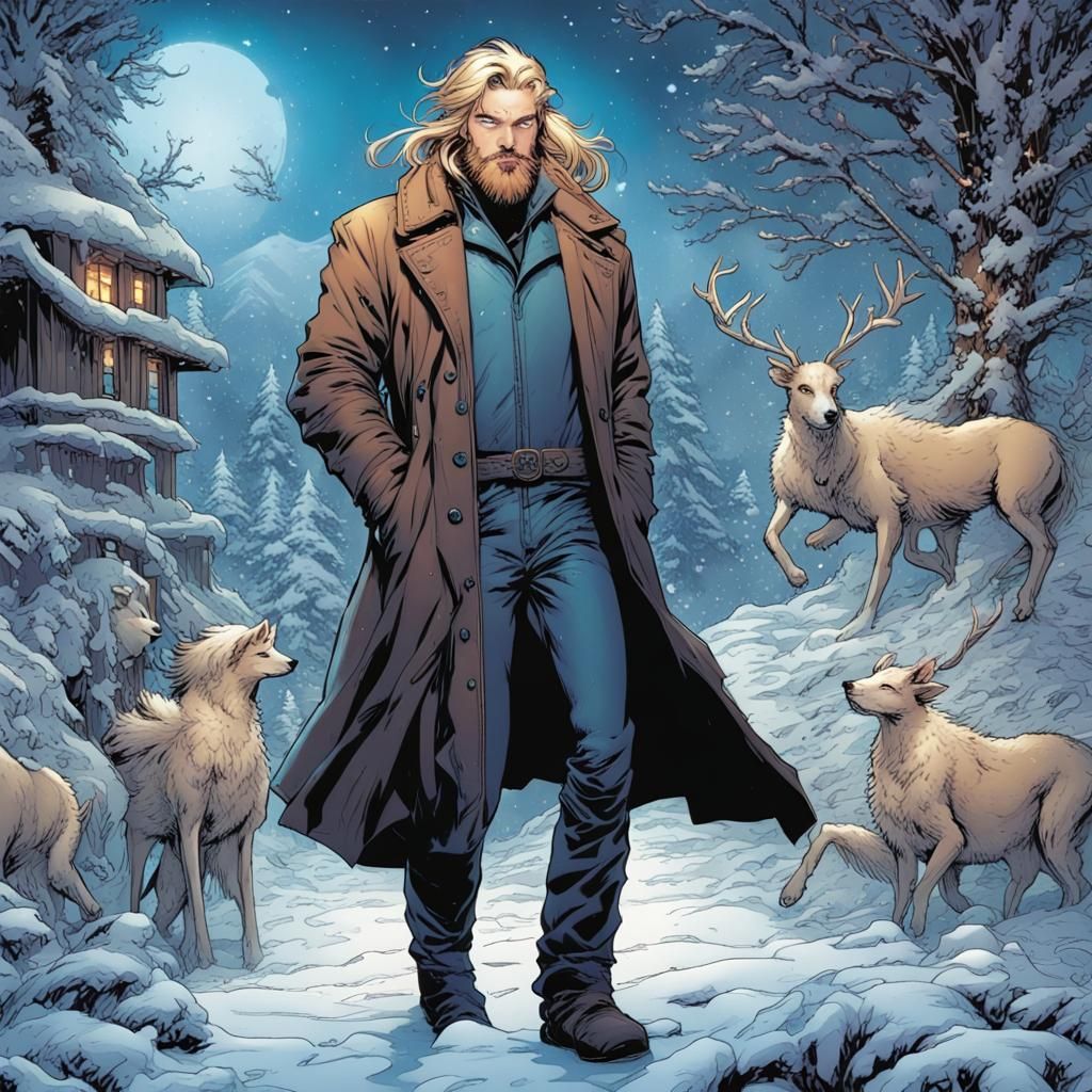 Winter Man in a Snowy Comic Book Art
