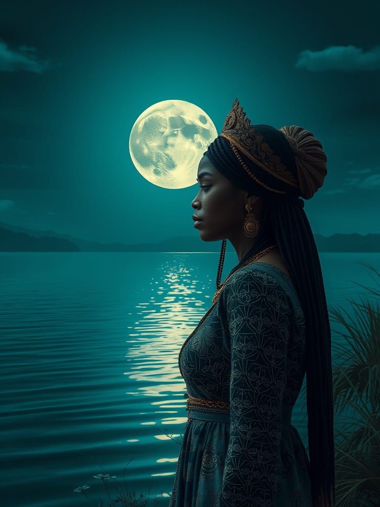 Woman by Moonlit Lake in Ghana, Intricate Detail